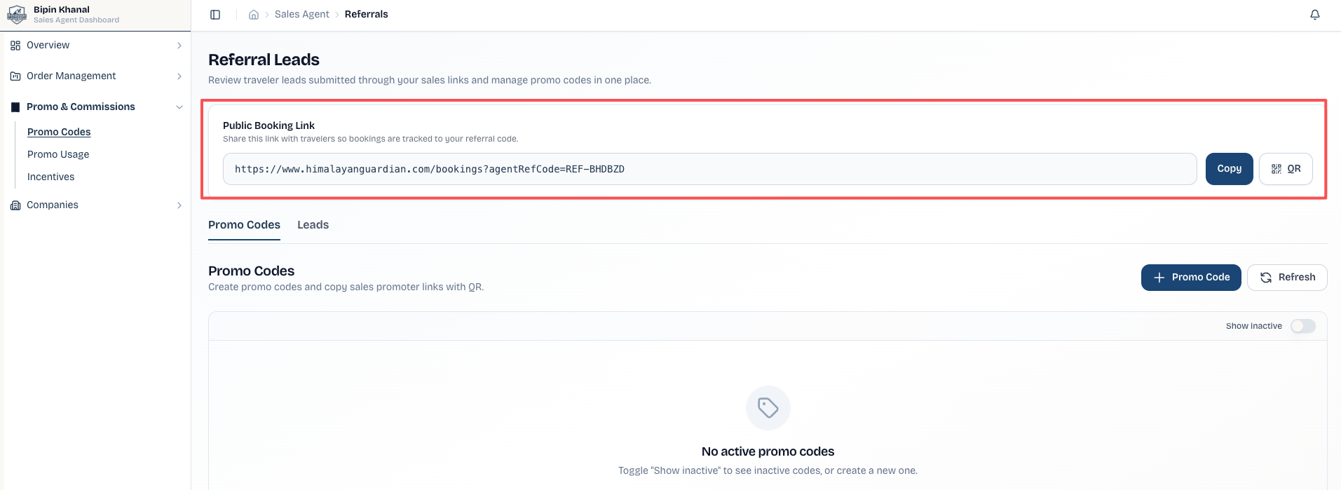 The Public Booking Link panel at the top of the Referral Leads page, with Copy and QR buttons